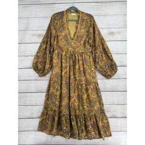 World Market Floral BOHO Tie Waist Midi Dress Womens M/L Green